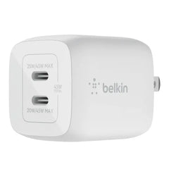 Belkin 45W Dual USB-C Wall Charger Fast Charging Power Delivery 3.0 w/ GaN Technology for iPad, iPad Pro, MacBook, Galaxy S23, & More - White