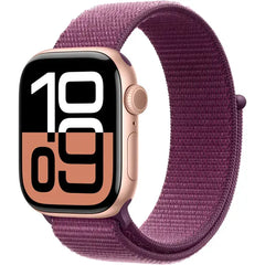 ساعة Apple Series 10 الذكية مقاس 42 مم (GPS) بهيكل من الألومنيوم مع حزام رياضي بلون البرقوق - ذهبي وردي