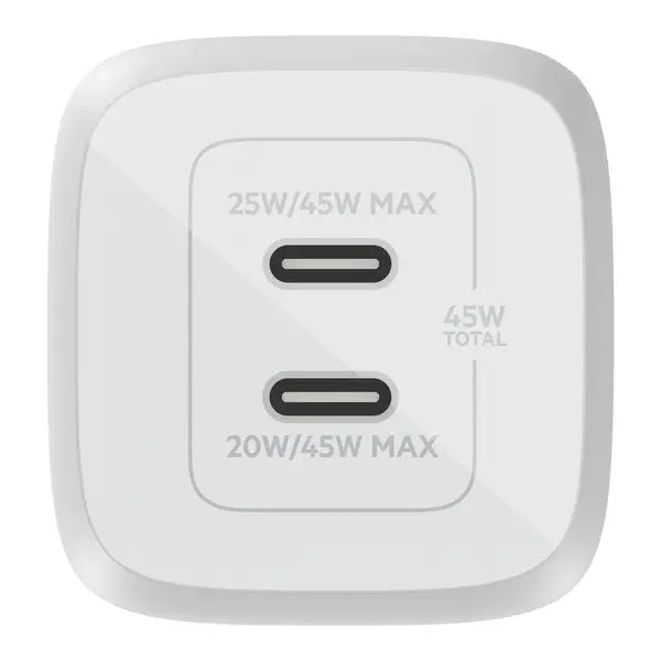 Belkin 45W Dual USB-C Wall Charger Fast Charging Power Delivery 3.0 w/ GaN Technology for iPad, iPad Pro, MacBook, Galaxy S23, & More - White