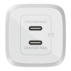 Belkin 45W Dual USB-C Wall Charger Fast Charging Power Delivery 3.0 w/ GaN Technology for iPad, iPad Pro, MacBook, Galaxy S23, & More - White