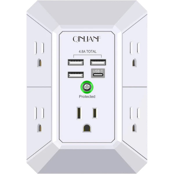 QINLIANF Surge Protector Wall Outlet – 5 AC Outlets, 3 USB-A + 1 USB Port