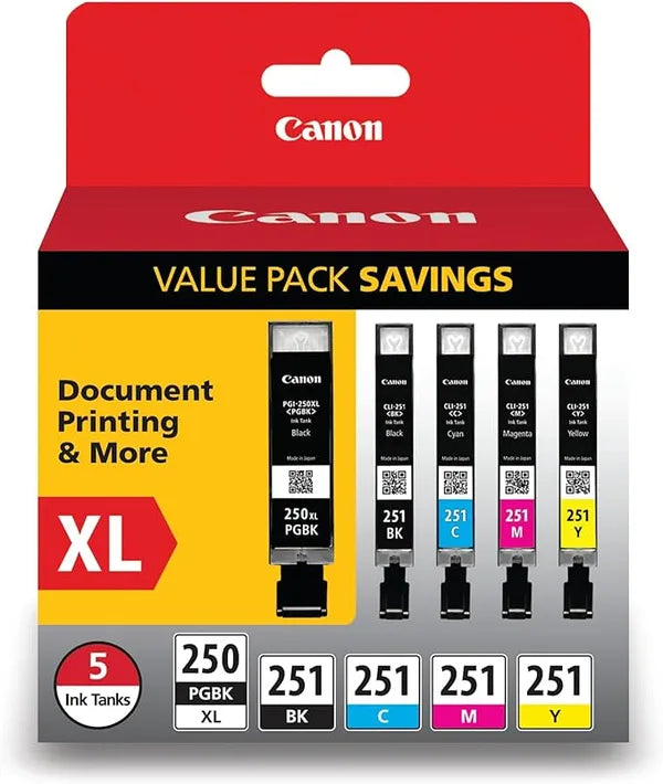 Canon 250 XL/CLI-251 5-Pack Ink Cartridges - Black/Cyan/Magenta/Yellow