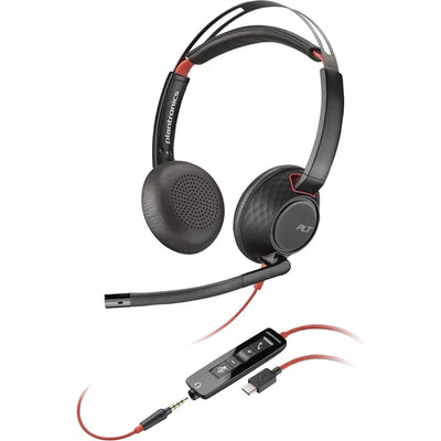 Used Poly Blackwire 5220 Stereo USB-C Headset + 3.5mm Plug + USB-C/A Adapter – Black