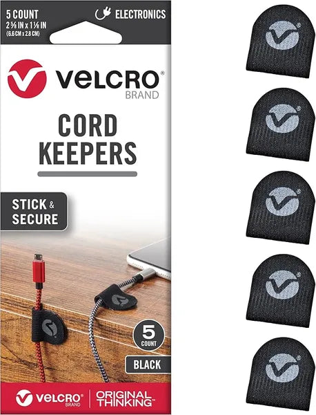 VELCRO Brand Cord Keepers for Electronics Removable Adhesive Backing Soft Nylon Cable Clips (pack of 5) - Black
