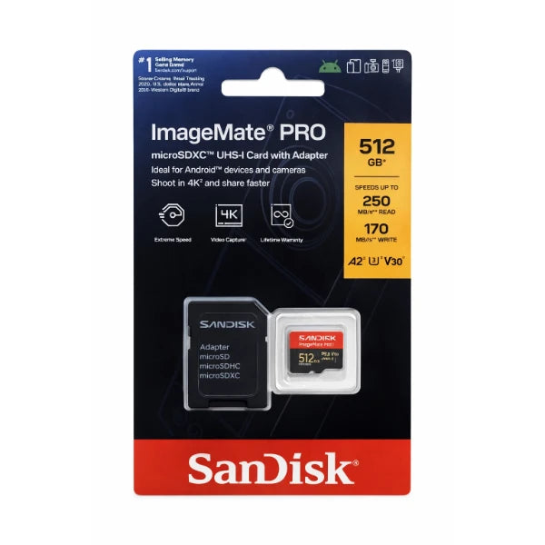 SanDisk ImageMate PRO MicroSDXC UHS-I Memory Card with SD Adapter 512GB – Up to 250MB/s Read Speed