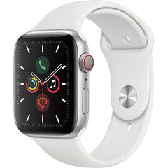 Apple Watch Series 5 (GPS + Cellular) 44mm Smart Watch Silver Aluminum Case with White Sport Band - White
