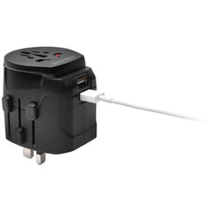 Kensington International Grounded 3 Prong Travel Adapter with Dual 2.4A USB Ports - Black